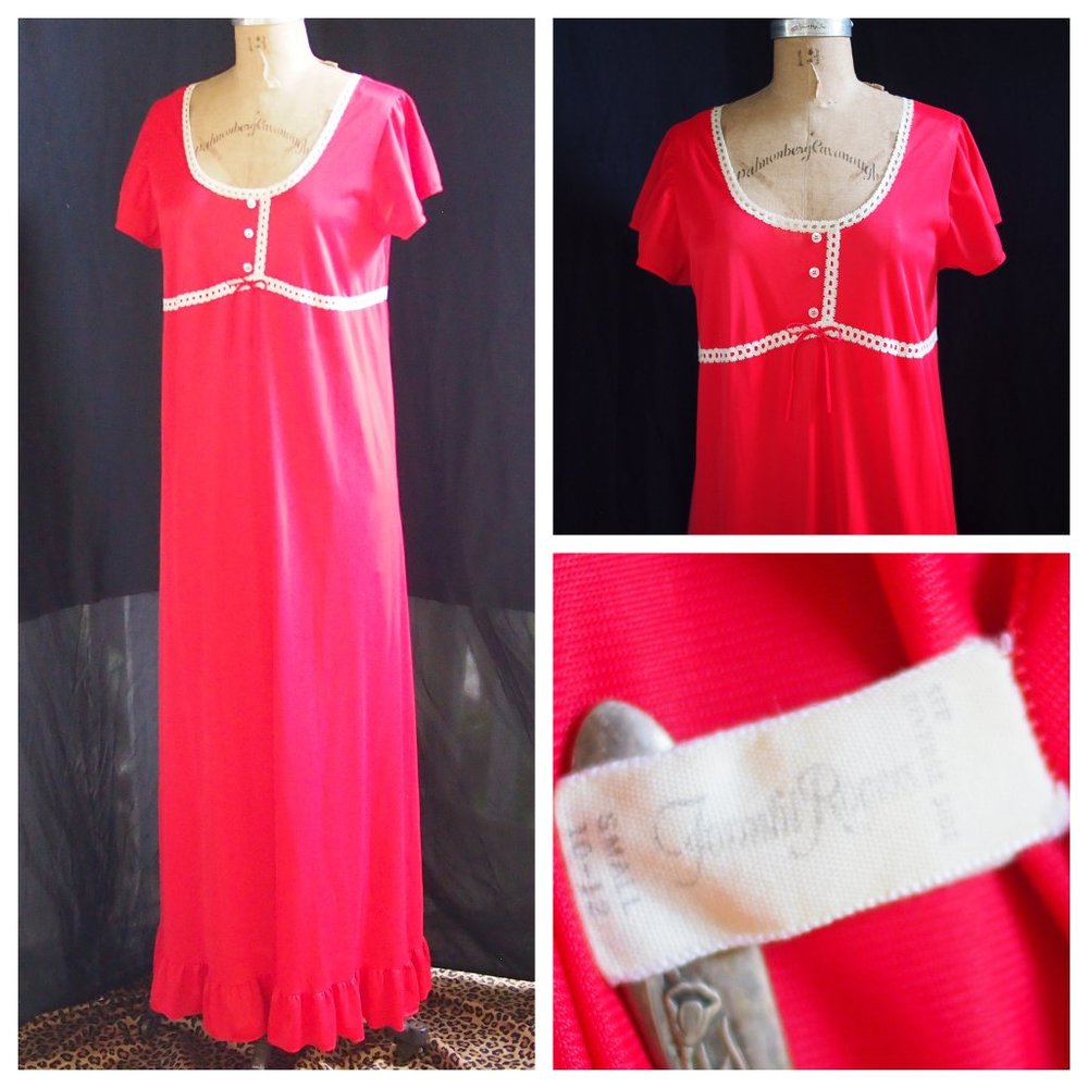 vtg 70s FORMFIT ROGERS Red Nylon Retro Sheer Long Nightgown Ruffle LACE USA S